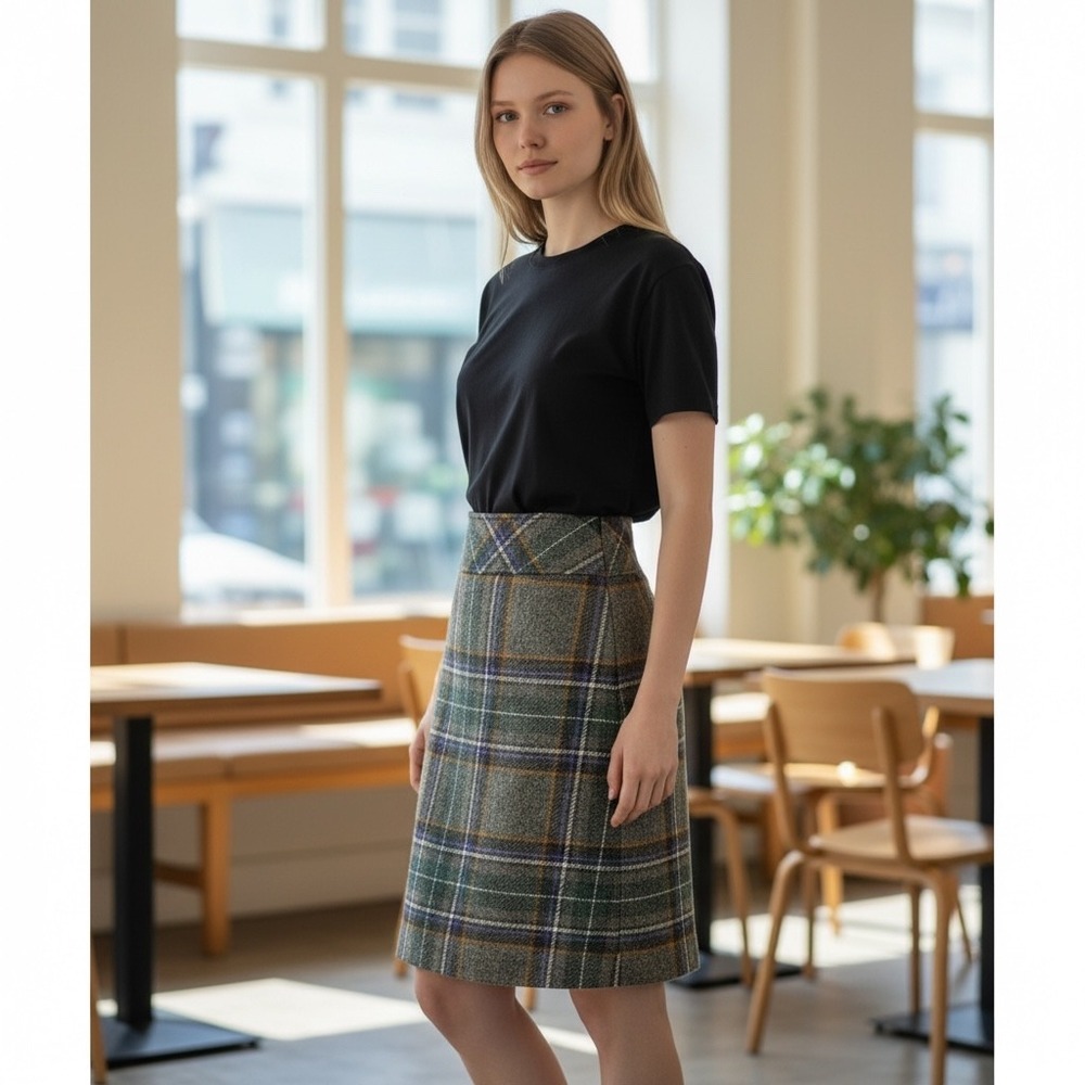 LL BEAN Plaid Wool Skirt Sz 8‎ P Knee Length Preppy Work Academia Classic Office